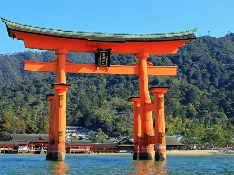 The floating red torii gate of Itsukushima Shrine on Miyajima island