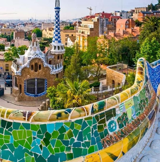 Mosaic benches of Park Güell overlooking Barcelona