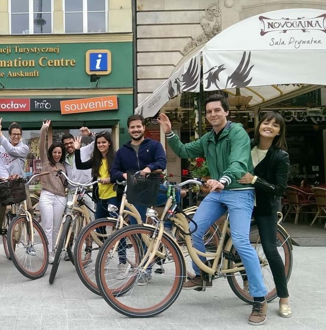 Group of cyclists starting a bike tour in Wroclaw