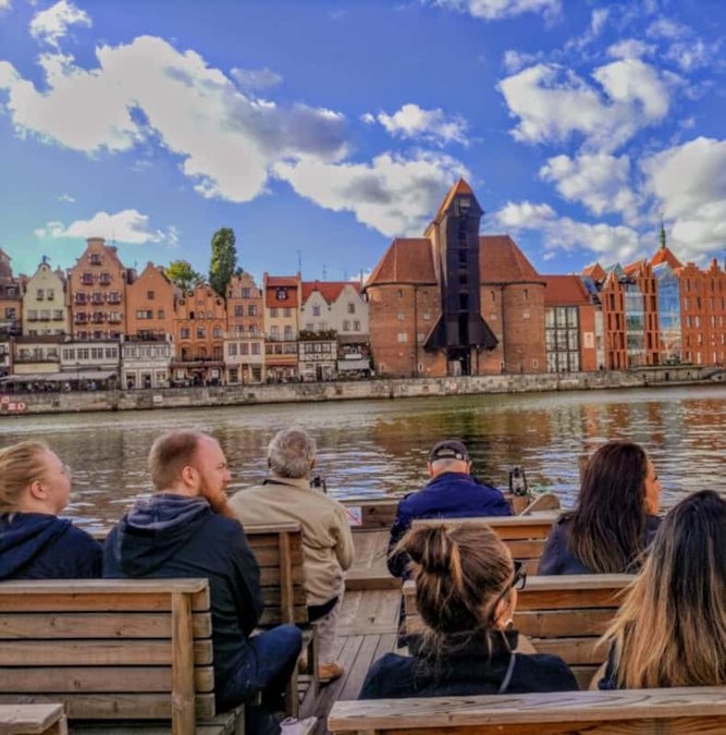 Replica galleon and merchant houses on the Motława river in Gdansk