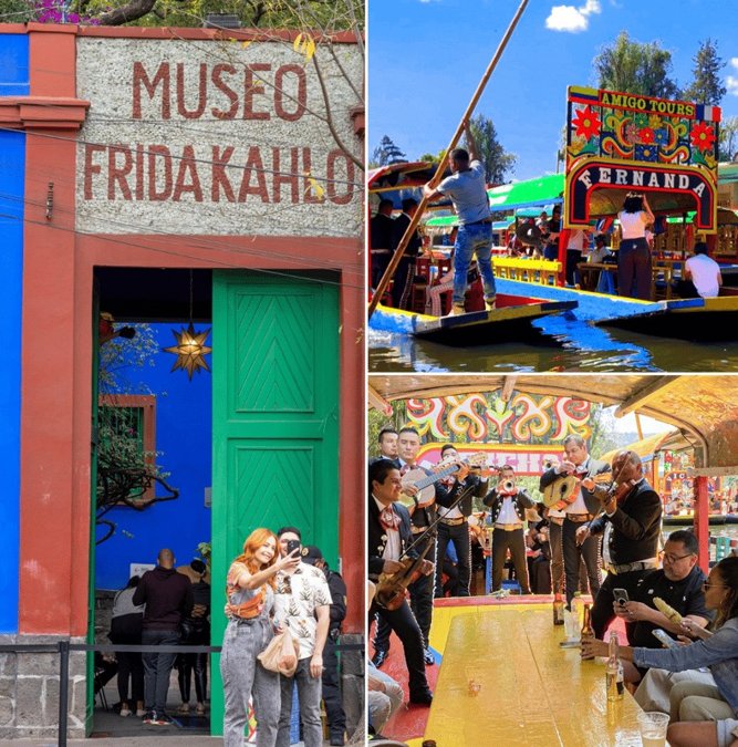 Painted trajinera boats and the Frida Kahlo Museum sign