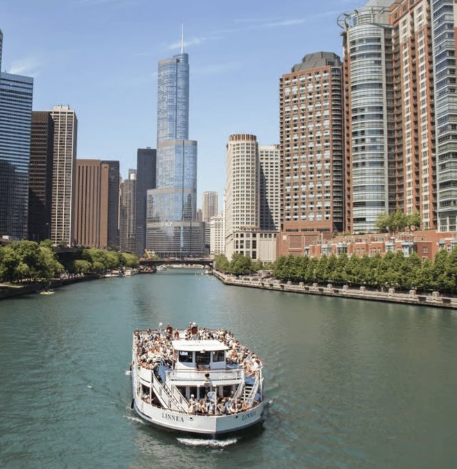 Tour boat on the Chicago River between skyscrapers
