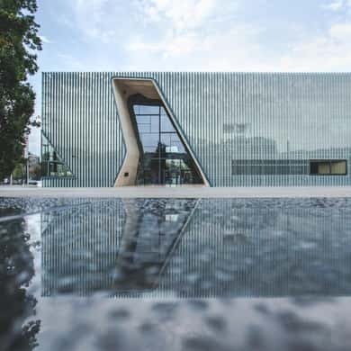 Glass facade of the POLIN museum in Warsaw