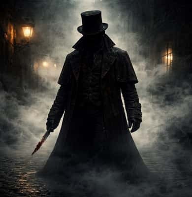 Caped figure in a top hat on a foggy Victorian street