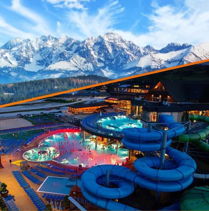 Thermal pools with the snow-capped Tatra mountains behind
