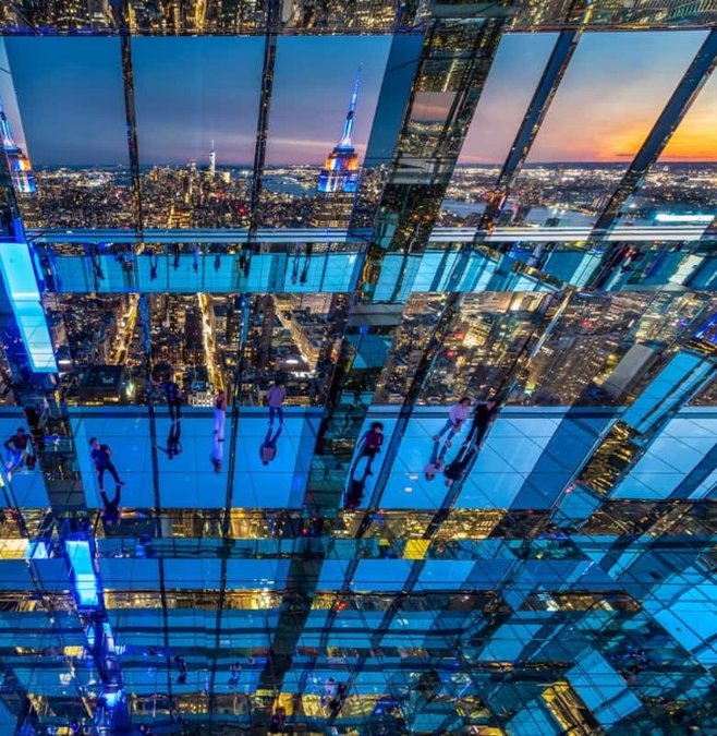 Mirrored glass rooms of the SUMMIT observation deck above Manhattan
