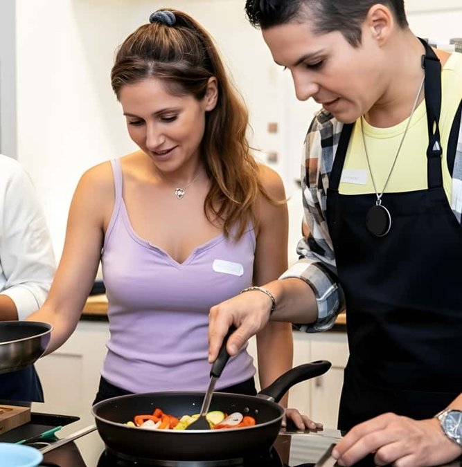 Couple cooking together in a Mendoza cooking class