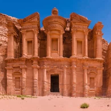 The Monastery at Petra under a clear blue sky