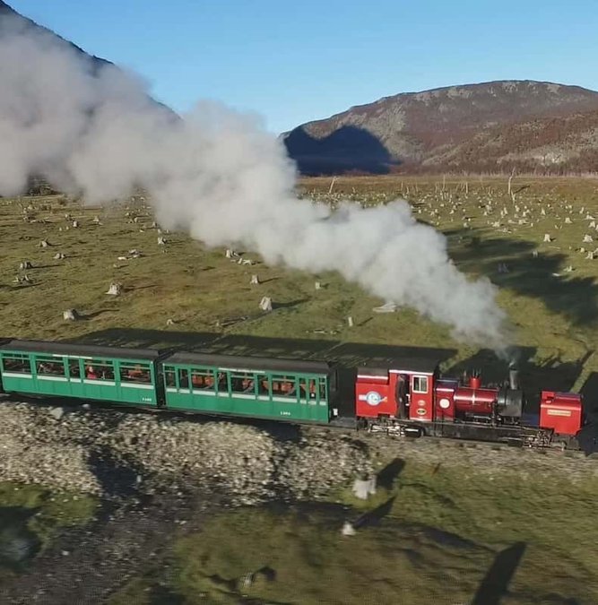 Steam train of the End of the World crossing Tierra del Fuego