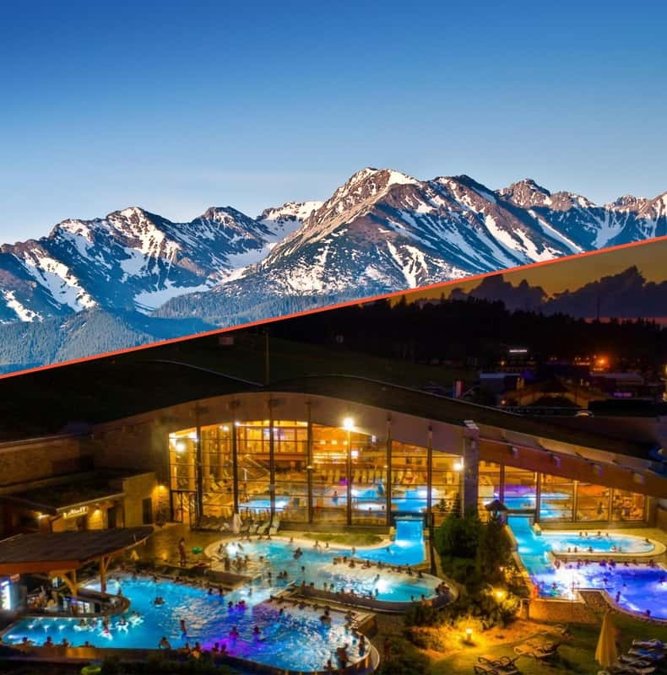Thermal pools glowing at dusk with the Tatra mountains behind