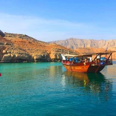 Traditional dhows anchored in the Khasab fjords