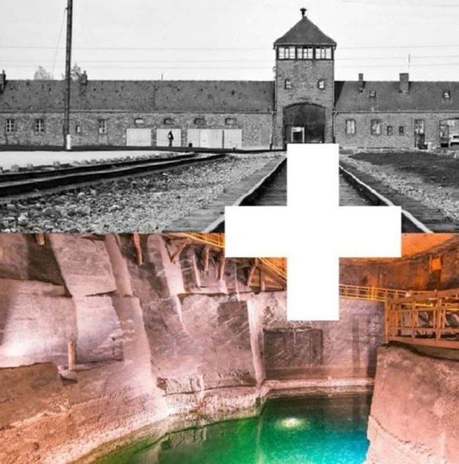 Birkenau gatehouse and the salt mine chapel side by side