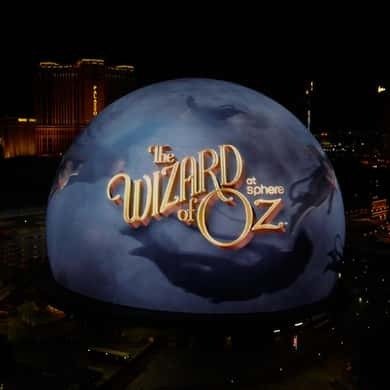 The illuminated Sphere glowing at night in Las Vegas