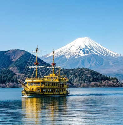 Pirate ship on Lake Ashi with Mount Fuji in the background, Japan.