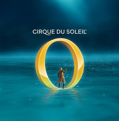 Performer standing in a large "O" on water, Cirque du Soleil Las Vegas show.