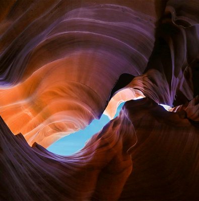 Antelope Canyon X rock formations with sunlight filtering through, Arizona.
