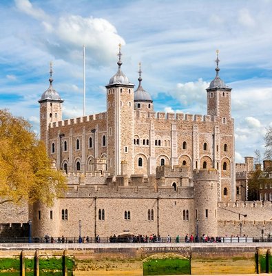 Tower of London with White Tower and medieval fortress walls, United Kingdom.