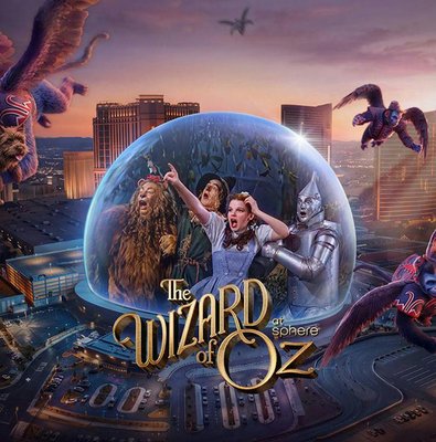 Wizard of Oz characters in a dome with flying monkeys over a cityscape backdrop