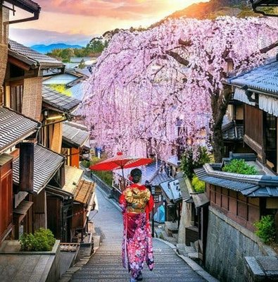 Kyoto Gion district street with cherry blossoms and person in traditional attire.