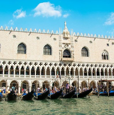 Gondolas in front of Doge's Palace, Venice, Italy.