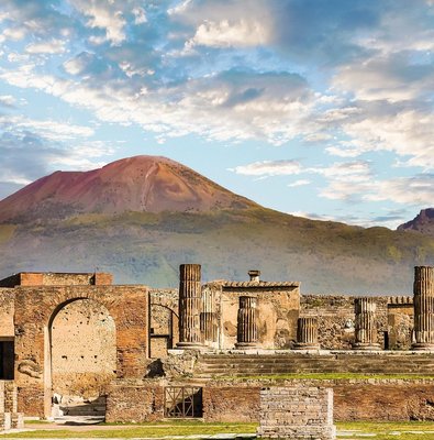 Ruins of the Pompeii forum with Mount Vesuvius behind