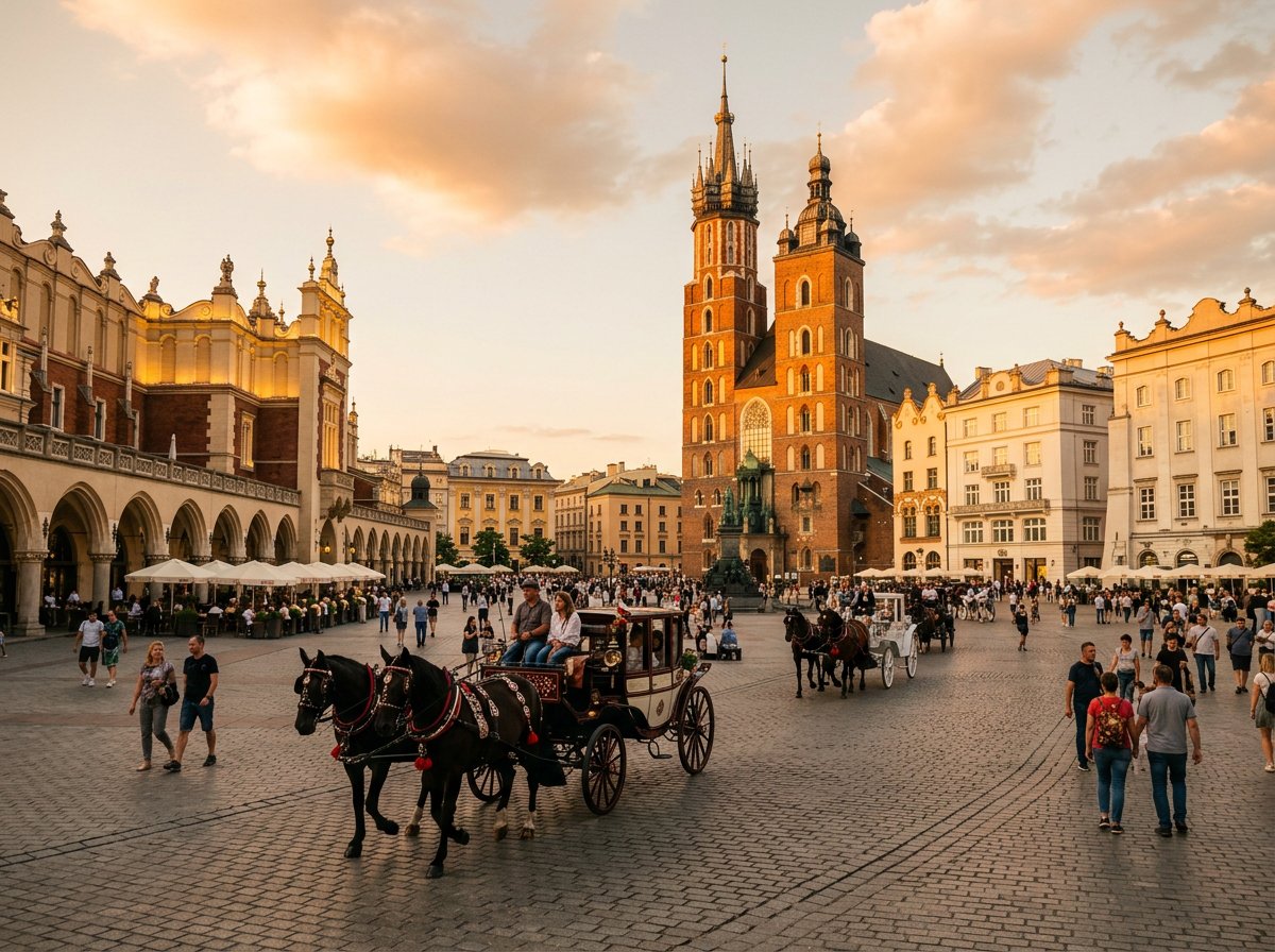 Krakow's Main Market Square with St. Mary's Basilica and the Cloth Hall in evening light