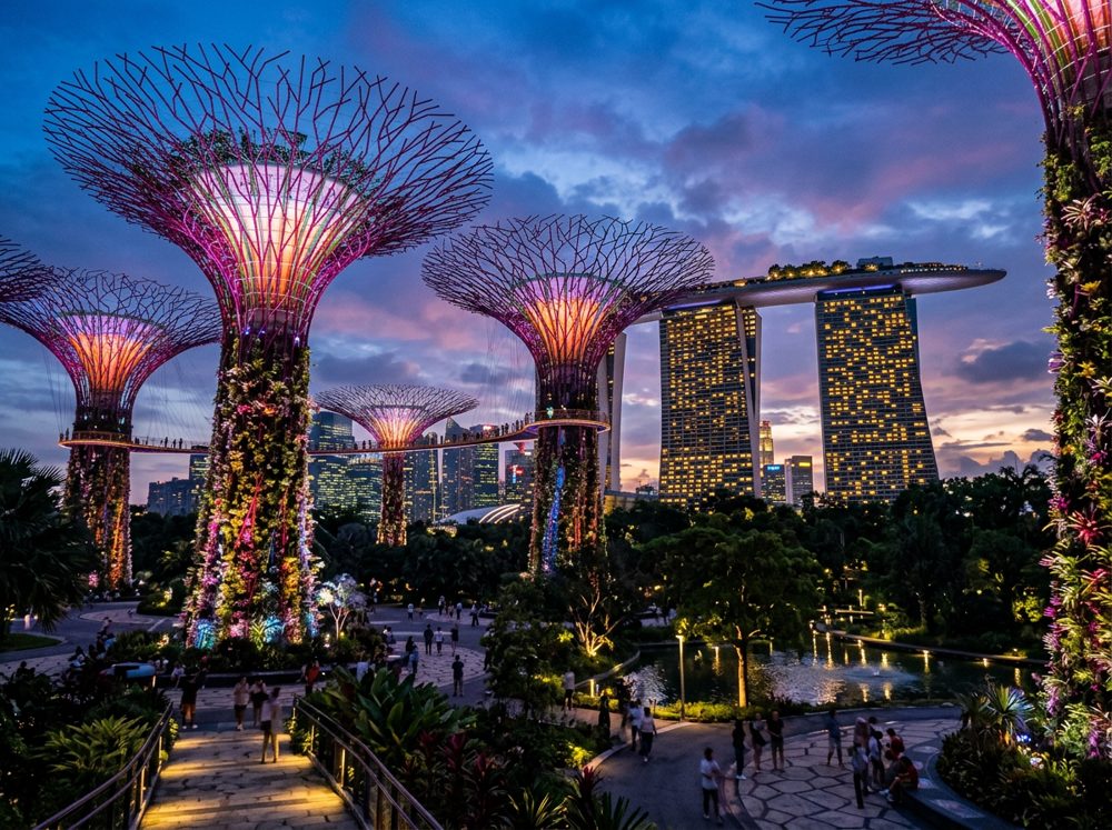 Supertree Grove at Gardens by the Bay at twilight with Marina Bay Sands behind