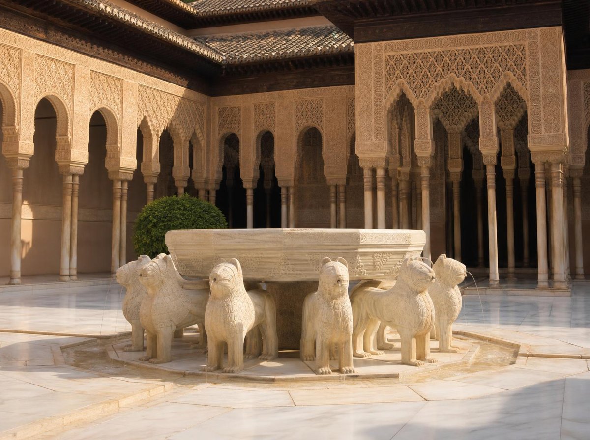 Court of the Lions in the Alhambra of Granada with its marble fountain and slender columns