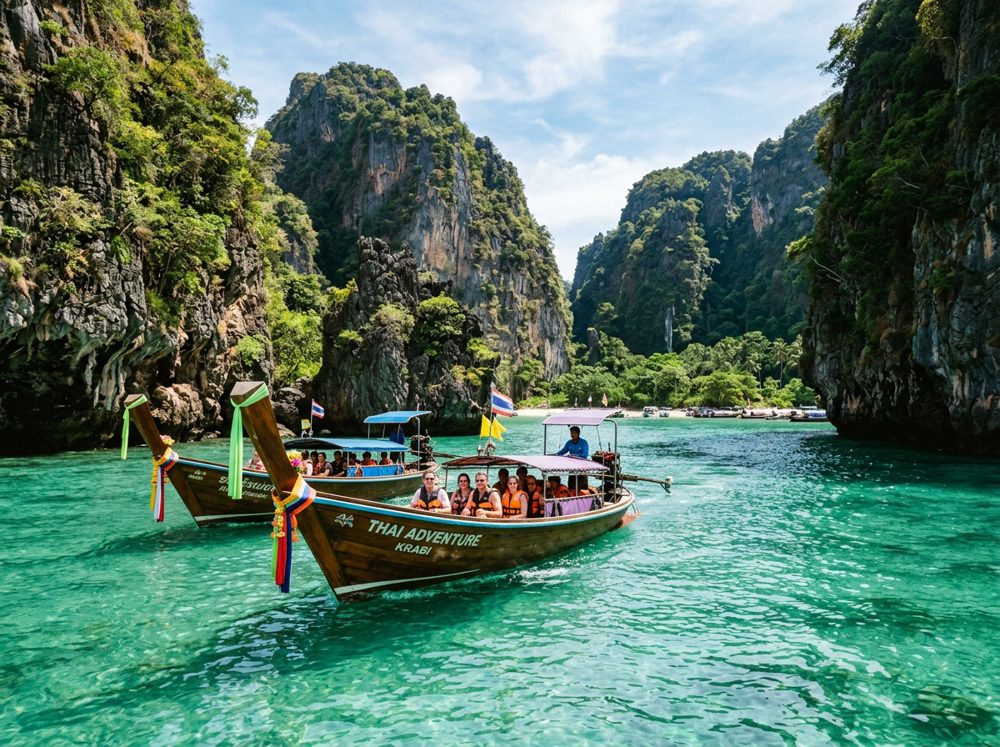Longtail boats on turquoise water between limestone cliffs in southern Thailand