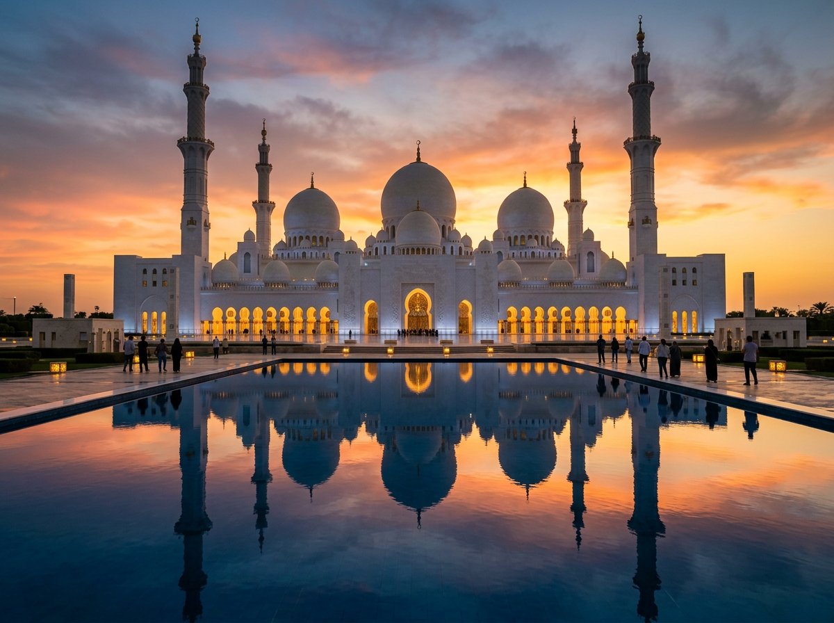 White marble domes and reflecting pool of the Sheikh Zayed Grand Mosque in Abu Dhabi at sunset