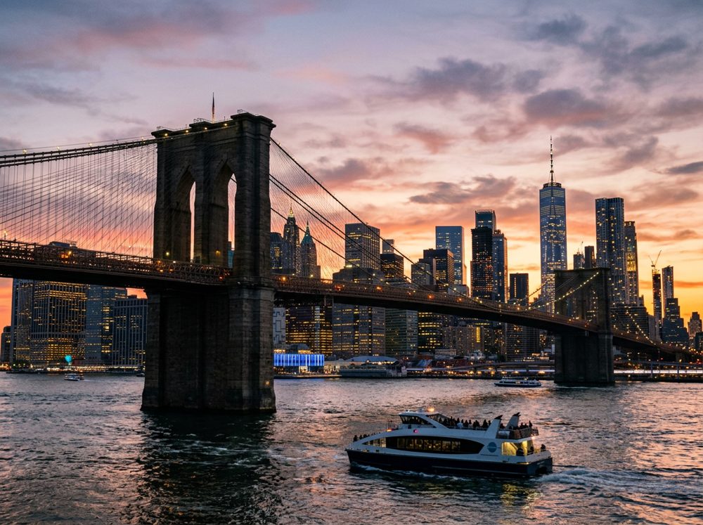 Manhattan skyline and the Brooklyn Bridge at sunset seen from the East River
