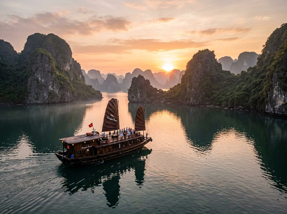 Ha Long Bay limestone karsts at sunrise with a wooden junk boat