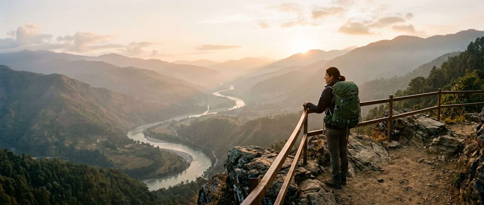 Traveler at a mountain viewpoint over a winding river valley at sunrise