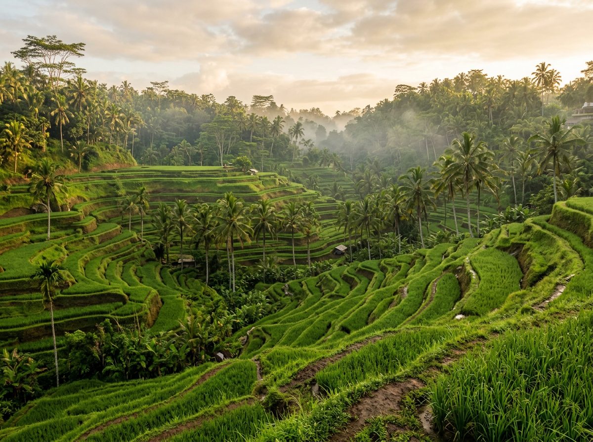 Lush green Tegallalang rice terraces in Bali at morning