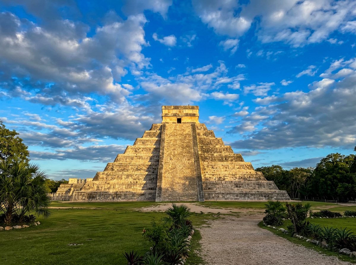 El Castillo pyramid at Chichen Itza under a blue sky