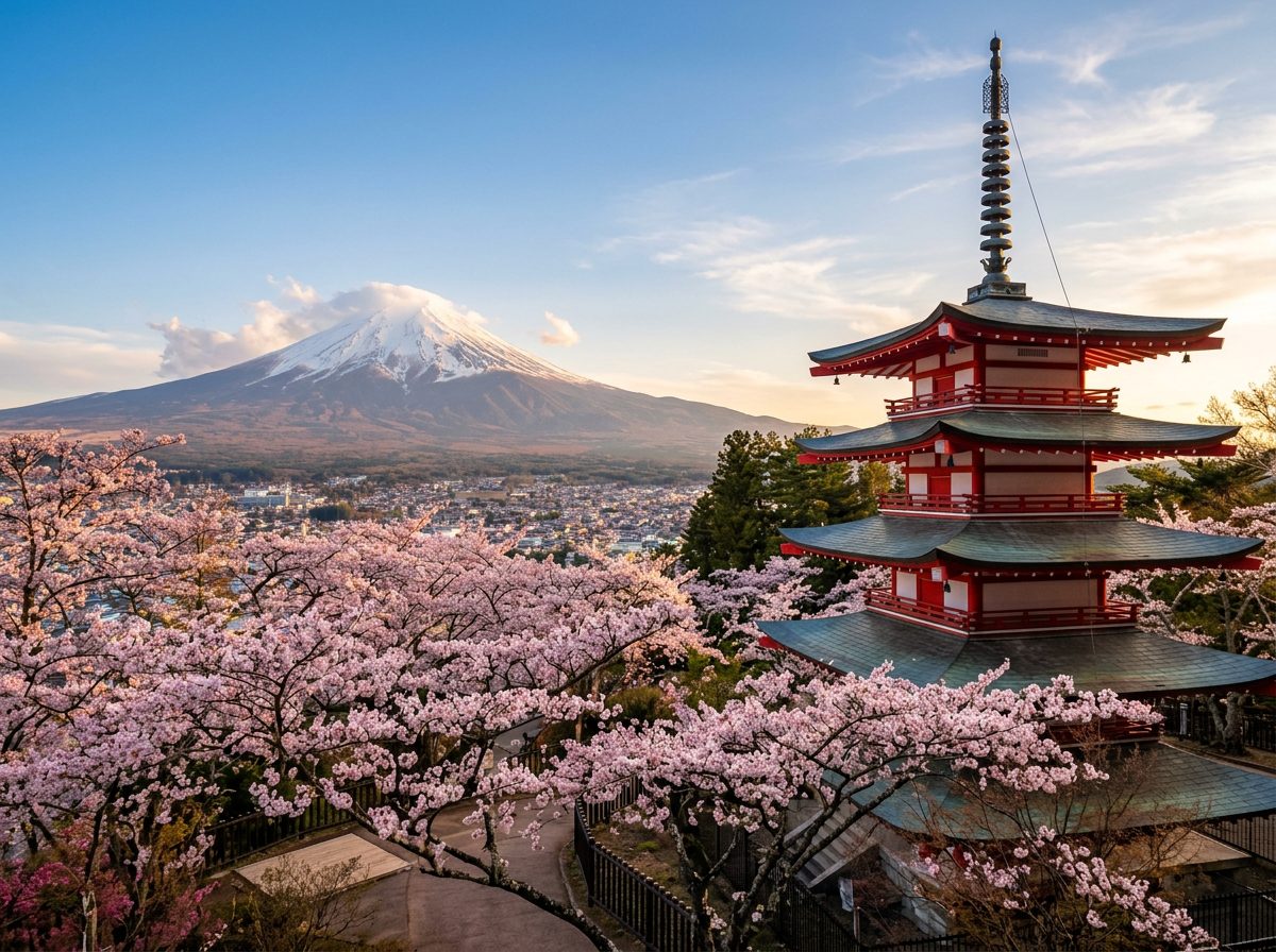 Mount Fuji behind the Chureito Pagoda and cherry blossoms