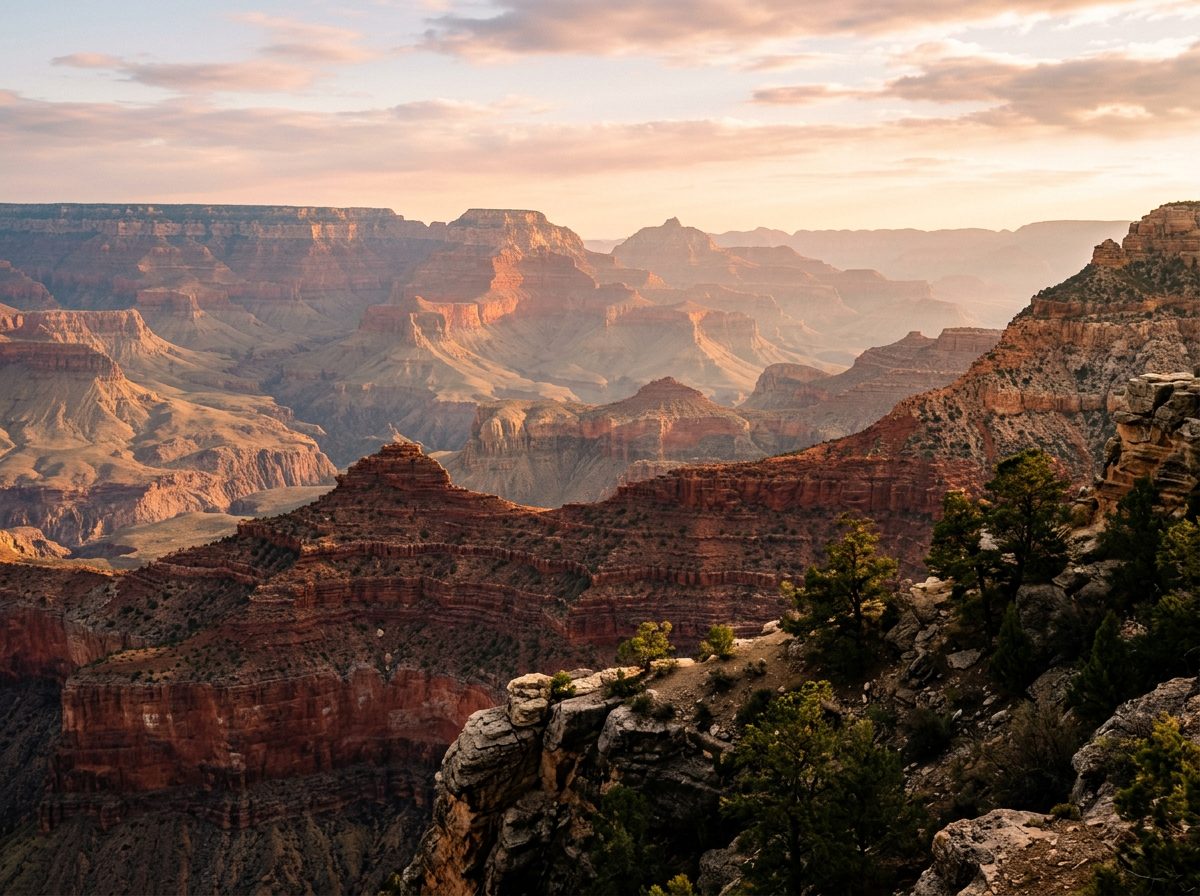 Layered red rock of the Grand Canyon South Rim at sunrise