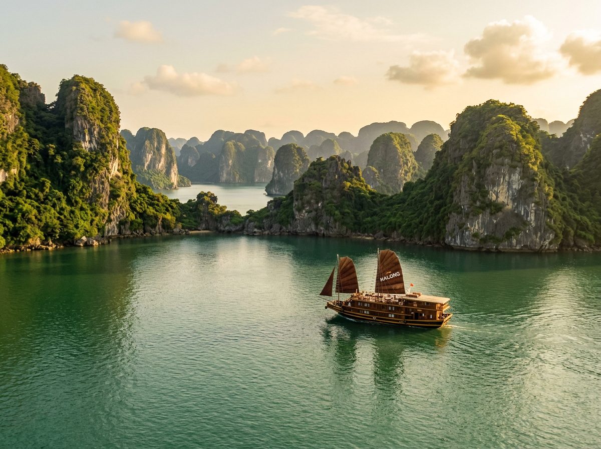 Limestone karsts and a traditional junk boat in Ha Long Bay