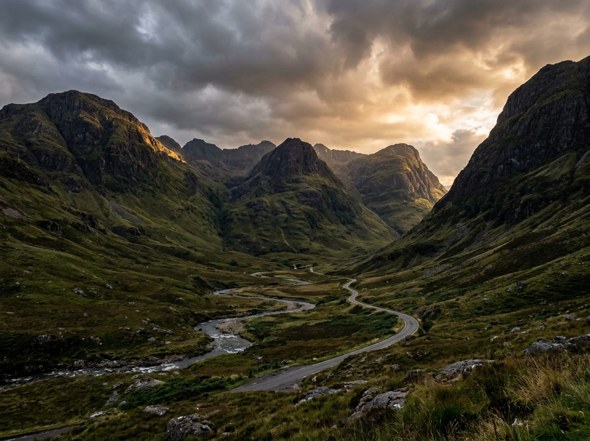 Green mountains of Glencoe in the Scottish Highlands under moody light