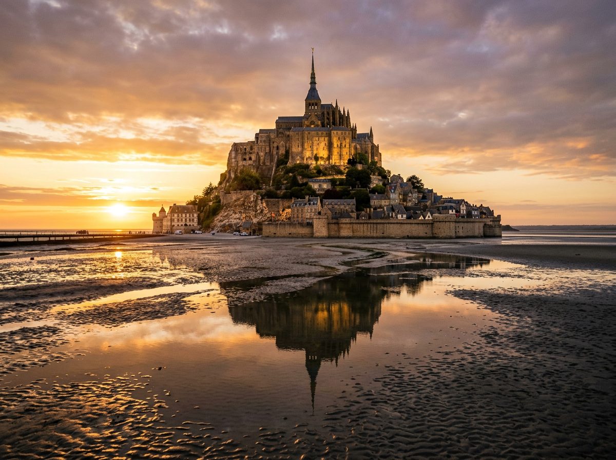 Mont Saint-Michel abbey rising from the tidal flats at sunset