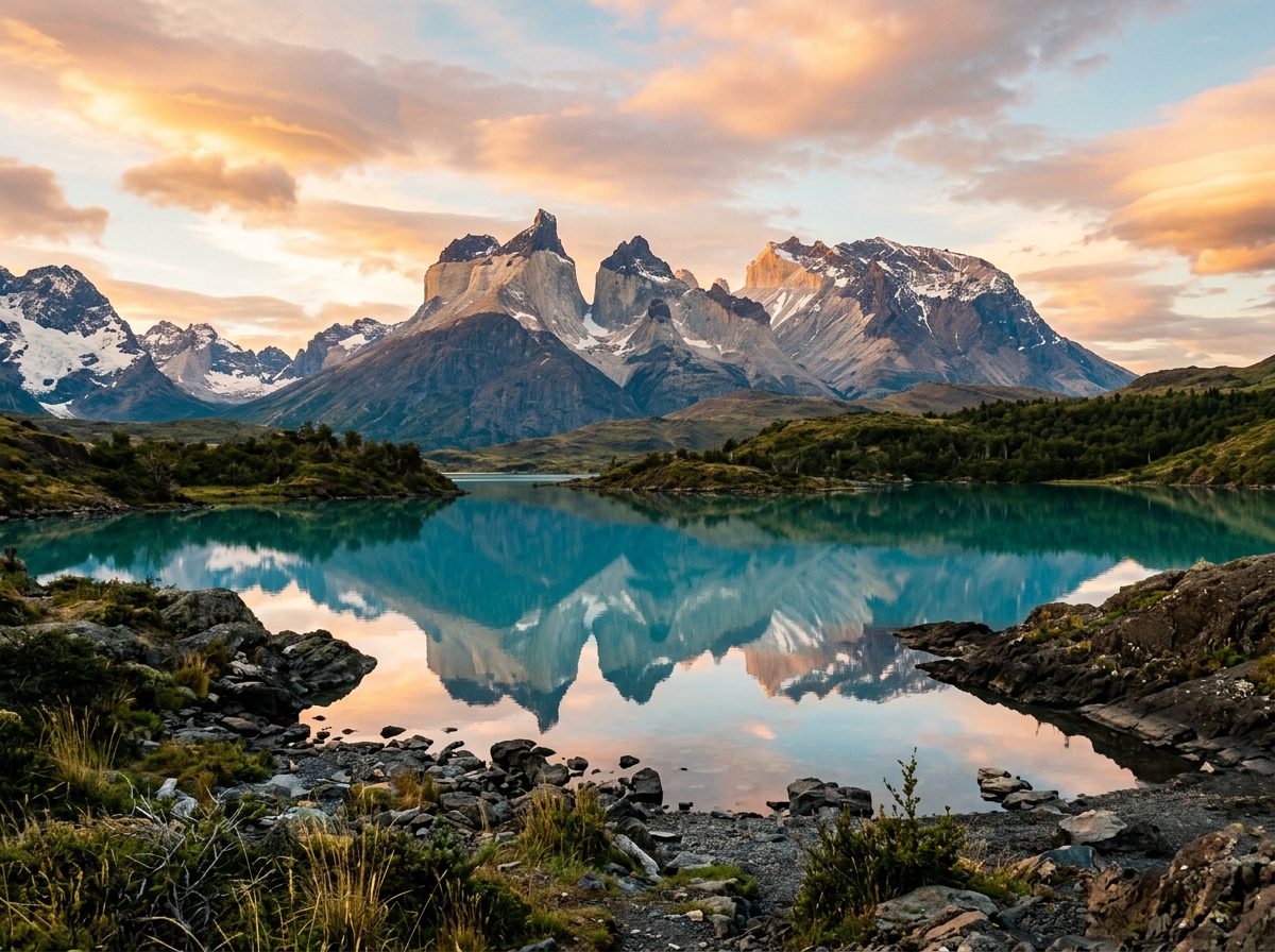 Granite towers of Torres del Paine reflected in a turquoise lake at dawn
